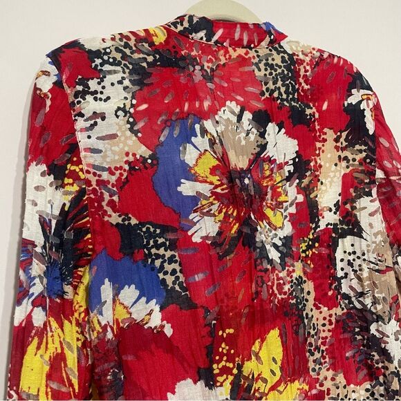 Red with Bright Floral Print Lightweight Long Sleeve Jacket Cardigan Size 14 - Picture 6 of 8